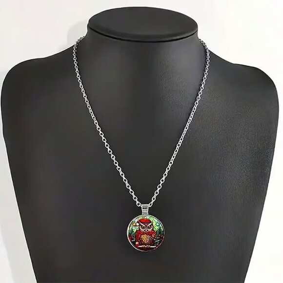 Silver CHRISTMAS OWL Glass Cabochon Pendant Necklace - Picture 2 of 3